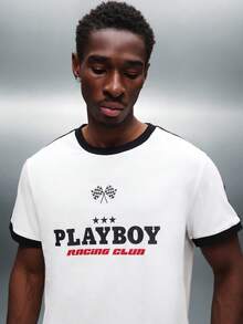 PLAYBOY X SUMWON Áo thun Cotton Racing Club Ringer dáng ôm vừa vặn họa tiết cờ ca rô cổ điển viền tương phản in họa tiết cổ điển logo cổ điển cổ điển cổ tròn - trắng - Xem 3