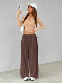 SHEIN Tall Quần baggy dệt kim màu trắng mềm mại, quần rộng - Cà phê nâu - Xem 6