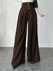 Firerie 优雅通勤时尚现代高腰金属纽扣阔腿长裤，黑色，秋冬 - 咖啡棕 - 查看 7