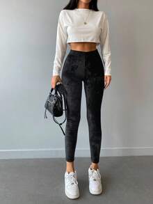 EURMUSE Leggings de cintura ancha de franela - Negro - Ver 3