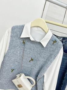 Modelyn Rompi Sweater Leher Bulat Bordir Warna Polos untuk Wanita, Pakaian Musim Gugur dan Musim Dingin untuk Wanita - Light Grey - View 3