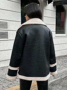 EURMUSE Teddy Lined Leather Look Coat - Black - View 2