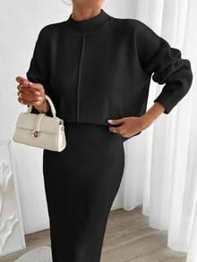 EURMUSE Set elegante da donna con maglione a maniche a pipistrello e colletto alto e gonna lavorata a maglia, autunno/inverno - nero - Visualizzare 7