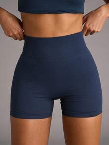SHEIN BAE Seamless High Stretch Wide Waistband Sports Shorts Legging Shorts Blue ShortsWomen Sweat Short, Gym Short, Biker Short - Navy Blue - View 6