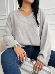 EURMUSE Plus Size Solid Color Casual Pullover Sweater, Autumn/Winter - White - View 3