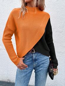 EMERY ROSE Women's Autumn/Winter Contrast Color Asymmetric Hem Stand Collar Casual Sweater - Multicolor - View 5