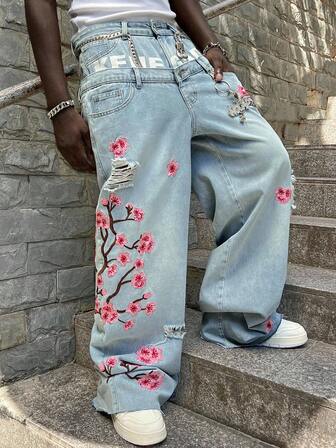 Street Life Jeans ampi da uomo con doppia vita e ricamo floreale