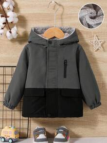 SHEIN 男童撞色拼接保暖连帽外套 秋冬男童连帽夹克 男童连帽衫 男童冬季外套 - 彩色 - 查看 5