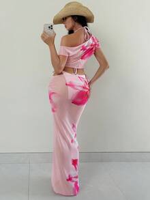 Swim SXY 女士四件套度假套装：吊带印花三角比基尼上衣、泳裤、长款纱笼裙和罩衫；女士两件套服装；碎花两件套；长款半身裙两件套；夏季两件套女装 - 粉色 - 查看 3