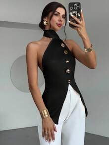 Firerie Ladies New Style Asymmetric Metal Button Casual Elegant Backless Sleeveless Top/Cute Top/Elegant Off-Shoulder Top/Imitation Silk Satin Texture Top/Backless Strappy Top,Black Top,Sexy Top - Black - View 4