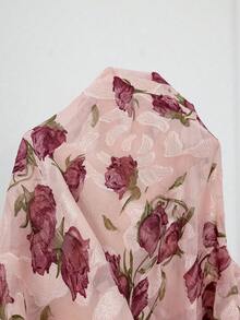 Modelyn Blouse élégante et polyvalente pour femmes grandes tailles, col mao, manches longues, en chiffon jacquard avec patchwork de dentelle - Multicolore - Voir 8