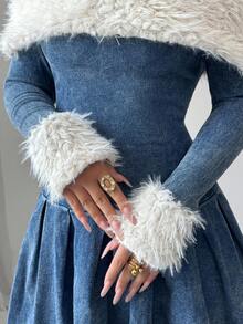 Siren Gaze 女士保暖衬里加厚牛仔连衣裙，休闲紧身弹力插肩毛绒拼布连衣裙，冬季女装，感恩节女装，长袖连衣裙，蓝色长袖连衣裙，蓝色露肩连衣裙，蓬松连衣裙，圣诞派对连衣裙 - 深色水洗藍 - 查看 3