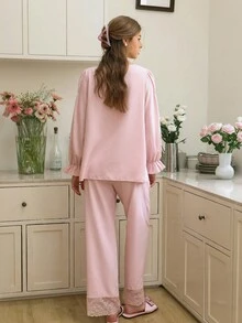 SHEIN 女士V领蕾丝边上衣长裤睡衣套装，浅粉色睡衣套装，粉色家居服套装，女士睡衣套装，秋冬服装 - 淺粉色 - 查看 2