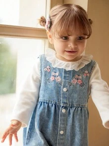 Vintaside Kids Cute Baby Girl Ruffled Hem Long Sleeve Top & Sleeveless Floral Embroidered Washed Denim Jumpsuit,Blue And White Autumn Matching Family Camping Outfit - Multicolor - View 8