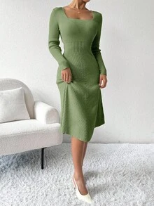 Almamuse Women's Solid Color Square Neck Long Sleeve Casual Knit Dress, Autumn/Winter - Olive Green - View 7