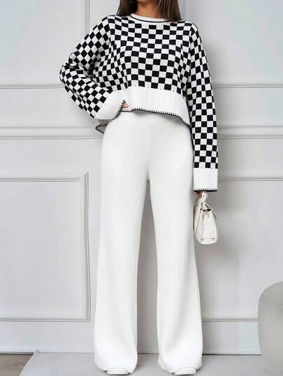 EURMUSE Black And White Checkered Sweater Patterned Knitwear With Contrast Rib-Knit Two Piece Set Women Pants Women Wide Leg Pants White Wide Leg Pants Checkered Sweater Outfit,Winter Clothes