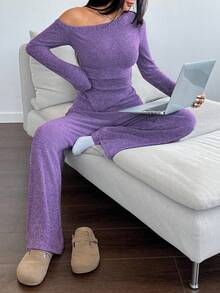 Flirla Women's Asymmetrical Shoulder Plush T-Shirt + Wide Leg Low Waist Pants 2 Pieces Set, Casual Home Wear For Winter - Dusty Purple - View 5