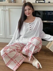 Dazy Plus 2pcs Plus Size Women Casual Plaid Pajama Set, Loose Fit Pullover Top And Pants, Cozy Outfit, Fall Winter Clothes - White - View 4