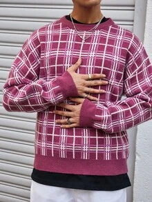 Manfinity Roghcode Suéter Casual Masculino de Gola Careca de Manga Longa Solta em Tricô Xadrez, Outono/Inverno - Pink - Visão 5