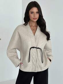 Firerie 女士优雅简约通勤日常新款时尚V领撞色纽扣蝙蝠袖卡其色大衣，秋冬女装，女士冬季外套，女士冬季夹克 - 卡其色 - 查看 3