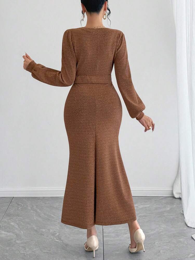 Elegant Solid Color Belted V-Neck Fishtail Midi Dress For Women, Autumn