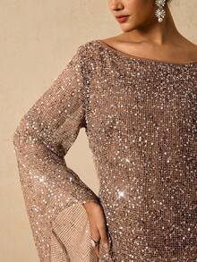 Freevana Váy cổ thuyền tay loe đính sequin thanh lịch cỡ lớn, mùa thu - Rượu sâm banh - Xem 1