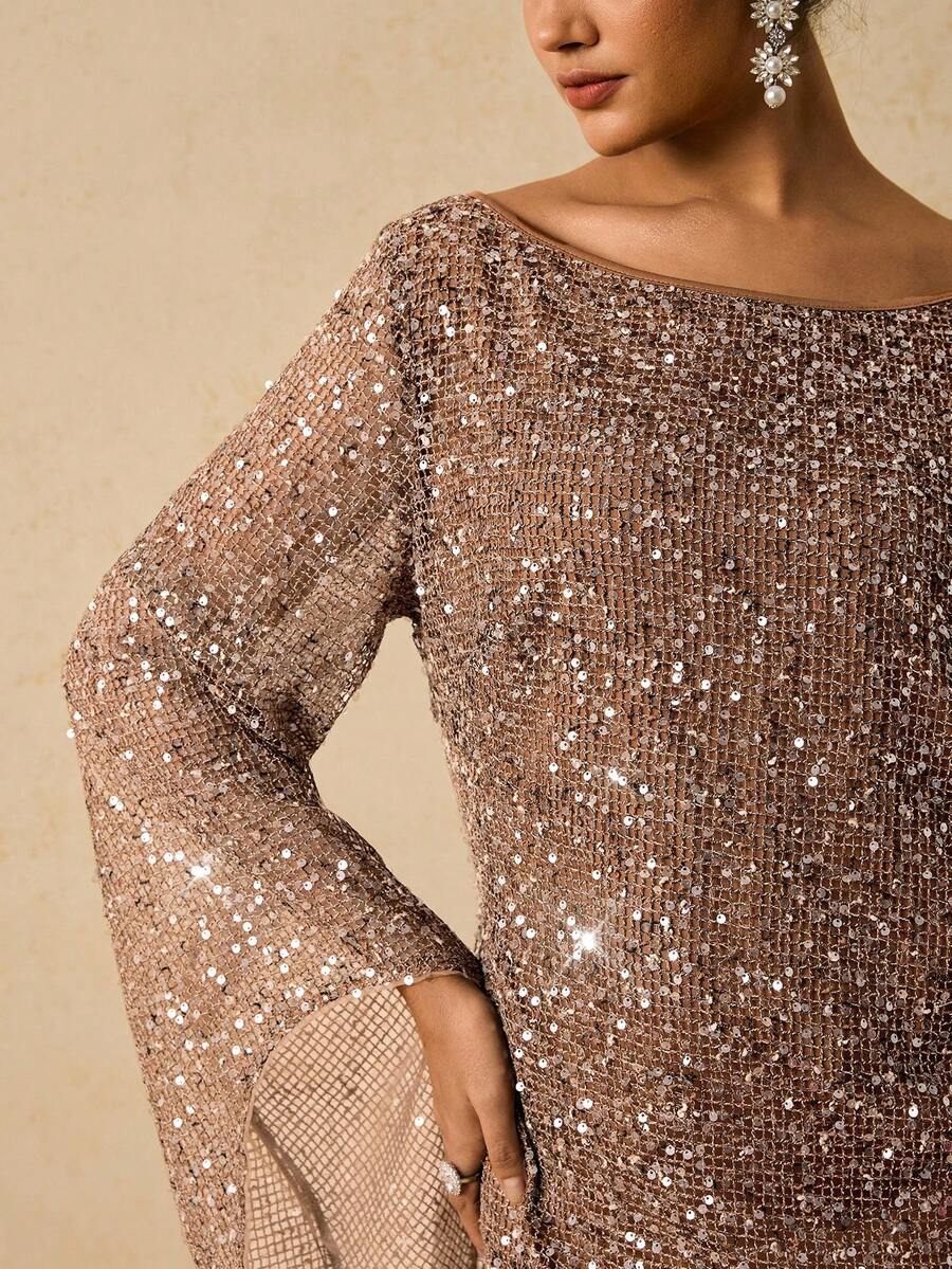 Freevana Váy cổ thuyền tay loe đính sequin thanh lịch cỡ lớn, mùa thu - Rượu sâm banh - Xem 1