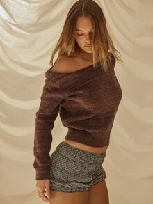 Aralina 秋冬款或露肩宽领条纹渐变针织修身收腰毛衣棕色上衣，秋季，教师款 - 棕色 - 查看 6
