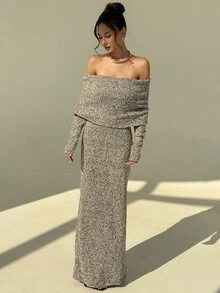 Aloruh Vestido largo de mujer elegante con hombros descubiertos y falso pelo, para otoño/invierno - Caqui - Ver 3
