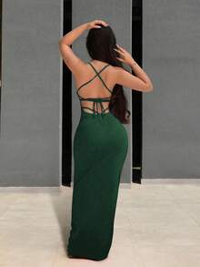 Sirith Women's Simple Solid Color Criss-Cross Backless Spaghetti Strap Dress, Summer - Dark Green - View 3