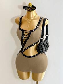 Mistrie Phong cách mới của chiếc váy không tay cổ chữ V hở phía trước gợi cảm dành cho quý cô này, quần liền thân cắt xẻ táo bạo dành cho quý cô, thiết kế trang trí đính đinh ở ngón chân theo phong cách Punk, trang phục dạo phố dành cho quý cô, phù hợp cho lễ hội Halloween. - màu nâu - Xem 7