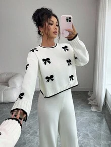 SHEIN Elenzya 女士宽松休闲圆领蝴蝶结提花毛衣和阔腿裤两件套，秋冬 - 杏色 - 查看 1