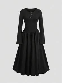 Sweetra Gothic Retro Slim Fit Flared Hem Dress, Intricate Embroidery Design, Fashionable For Halloween, Autumn/Winter - Black - View 1