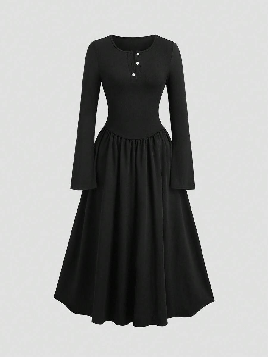 Sweetra Gothic Retro Slim Fit Flared Hem Dress, Intricate Embroidery Design, Fashionable For Halloween, Autumn/Winter - Black - View 1