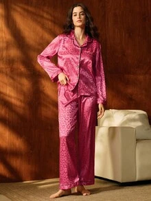 动物图案提花编织女士睡衣套装，度假，冬季服装 - 玫紅色 - 查看 6