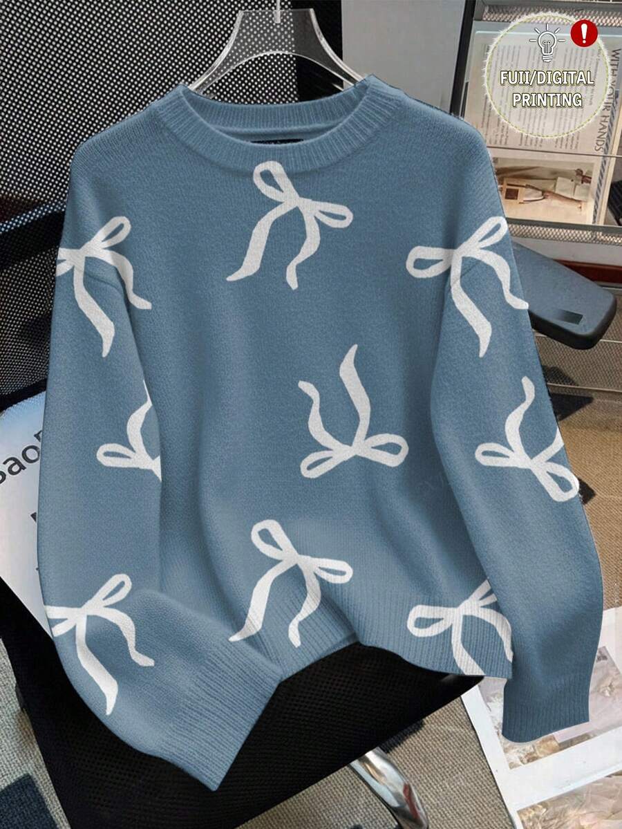 SHEIN Contrast Color Bow Print Round Neck Women Sweater - Multicolor - View 1