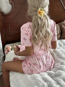 CottageSlumber Floral Rib Knit Loose Fit Short Sleeve & Shorts Women Pajama Set - Pink - View 2