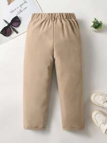 Souflis Souflis Young Boy's Casual Solid Color Pants With Single Button Decor And Angled Pockets, Elastic Waist Design, Versatile For Daily Wear, Travel, Party, Holiday, School, Campus, College - Khaki - View 2