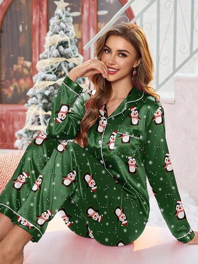 女士可爱糖果手杖图案缎面睡衣套装，舒适休闲长裤和长袖上衣，圣诞节睡衣，秋冬服装