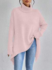 EMERY ROSE Women's Solid Color High Neck Drop Shoulder Long Sleeve Casual Loose Pullover Sweater, Autumn/Winter - Pink - View 4