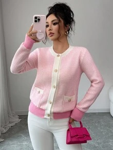 Elenzga Nouveau cardigan tricoté à manches longues, col rond, élégant, de haute qualité, polyvalent, pour soirée, en automne/hiver pour femmes