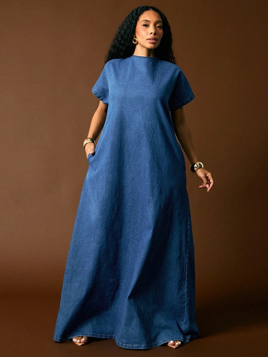 Vixey Cuffed Drop Shoulder Sleeve Deep Open V Neck Back Maxi Denim Dress