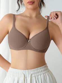 DesireSculpt 1pc Women's Bow Decor Comfortable Underwire Lingerie Bra - Mocha Brown - View 7