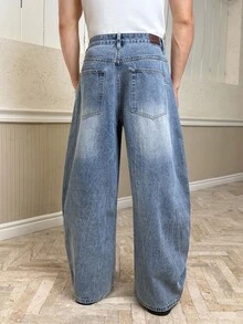 ESTAVOR 男士口袋宽松阔腿复古休闲牛仔裤 - 淺藍色 - 查看 2