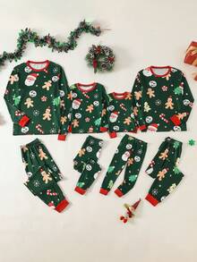SHEIN 2件套女孩绿色姜饼人圣诞节彩色柔软羊毛长袖上衣和紧身裤家居服套装 - 綠色 - 查看 3