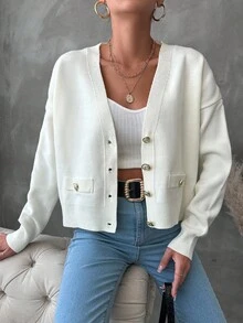 EURMUSE Drop Shoulder Flap Detail Cardigan - White - View 4