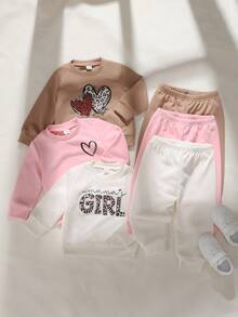 SHEIN Playful Pals 3 件婴幼儿彩色长袖印花卫衣套装，针织圆领上衣和裤子，时尚心形印花长袖连帽衫和裤子，适合秋季 - 彩色 - 查看 8