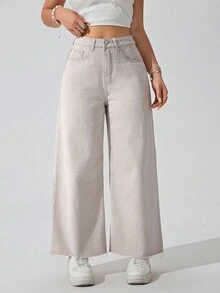 SHEIN ICON Quần jean ống đứng cạp chun viền tua rua cỡ lớn cho nữ, màu xám nhạt - Màu be - Xem 7