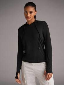 SHEIN BAE 抽绳连帽运动卫衣 秋季卫衣 - 黑色 - 查看 5