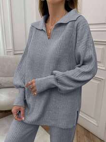 SHEIN Cottnline Rib Pattern Polo Neck Sweater And Pant 2pcs Set - Grey - View 8